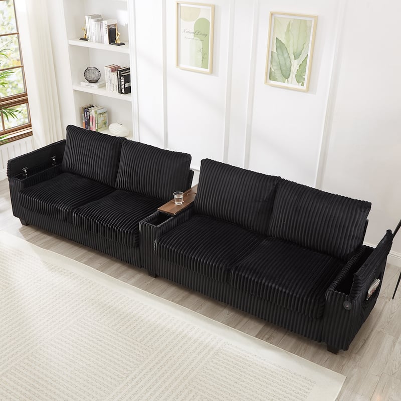 4 Seater Corduroy Sofa Couch with USB Ports and Storage Arms, 133" Modern Sofa with Side Pockets and Flip-Top Cup Holders - Black