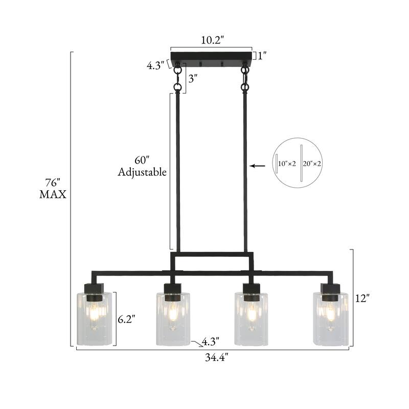 Mid-Century Modern 4-Light Black Chandelier Glass Island Lights for Dining Room - L 34.4" x D 4.3" x H 12"