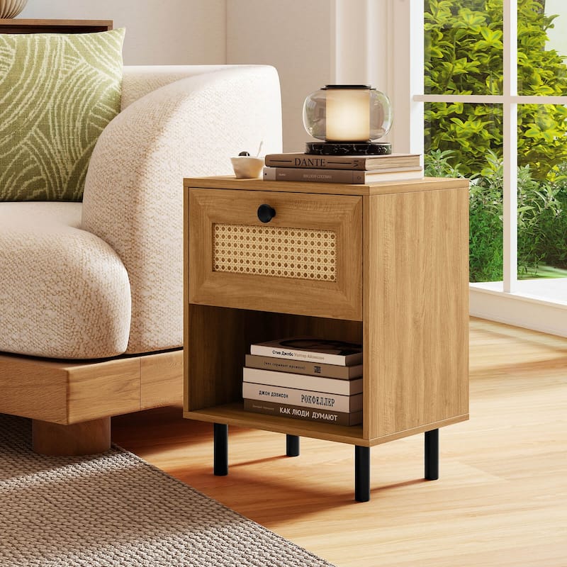 Costway 1/2 PCS Rattan Nightstand Boho End Table with Drawer & Open - See Details
