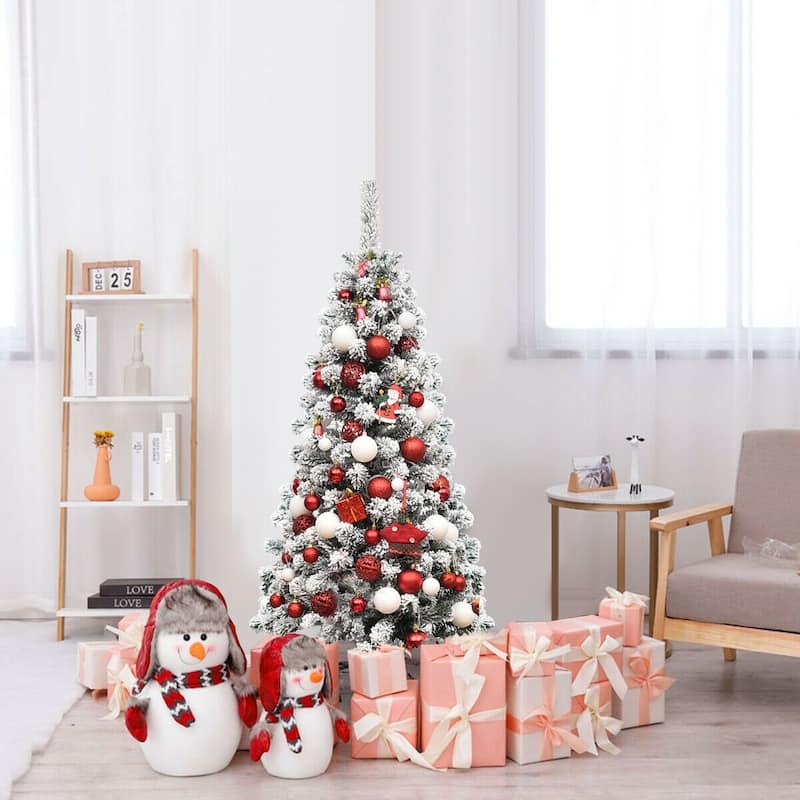 4.5 Feet Slim Prelit Snow Flocked Pencil Christmas Tree with 150 LED Lights and Metal Stand - 1.8' x 1.8' x 4.5'