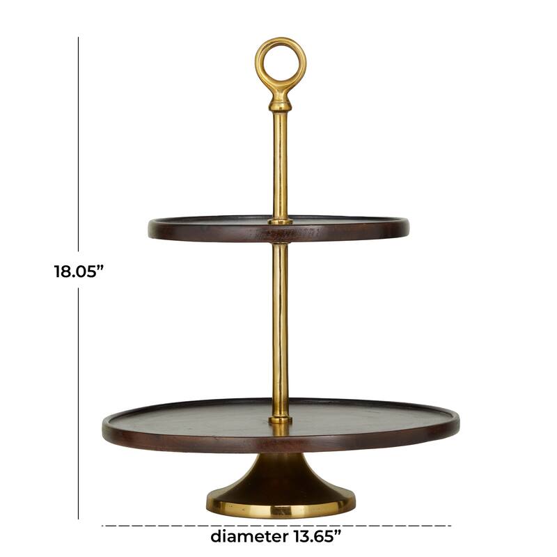 Dark Brown Mango Wood Tiered Server with Aluminum Bases or Gold Stand - 2 Tier or 3 Tier
