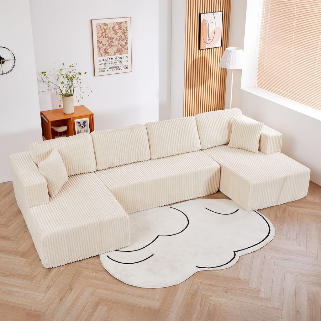 130" U-Shaped Terrycloth Fabric Sectional Sofa, No Assembly Required