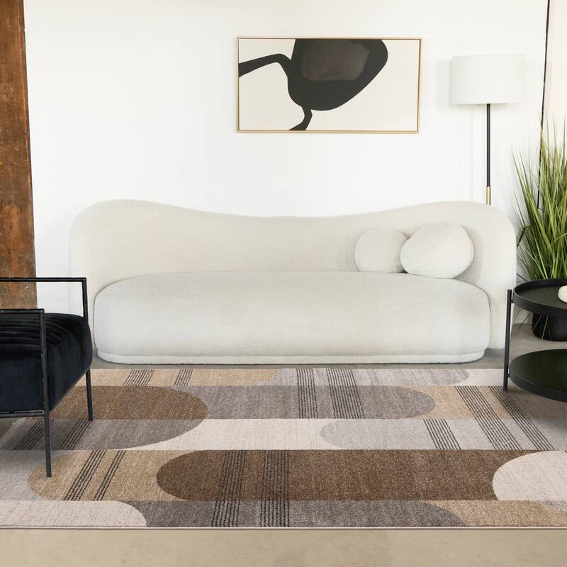 Brown Grey White Striped Arched Shapes Indoor Rug