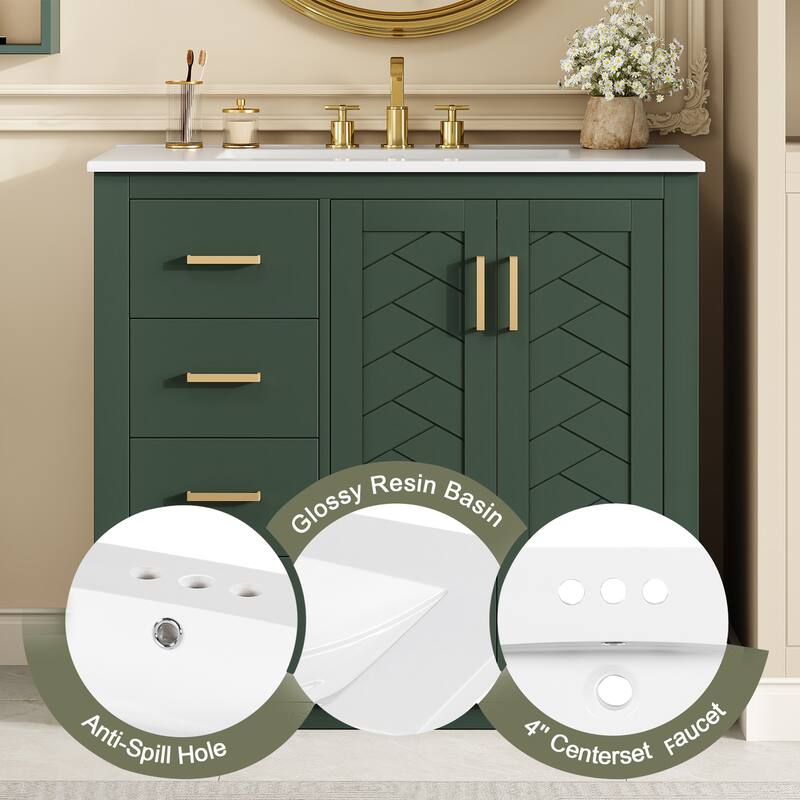 36" Bathroom Vanity with Ceramic Sink, Solid Wood & MDF Cabinet, 3 Drawers and 2 Soft-Close Doors, Freestanding Storage