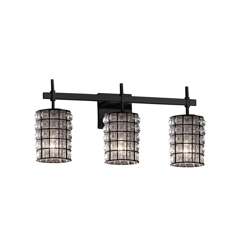 Justice Design Wire Glass Union 3-Light Matte Black Bath Bar, Grid with Clear Bubbles Cylinder w/ Flat Rim Shade
