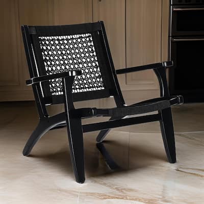 Heor 29 Inch Accent Chair, Hexagon Rope Woven Back, Seat, Black Wood