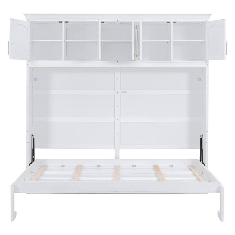 Queen Size Foldable Wall Bed with Top Cabinets, Space-Saving Design, White
