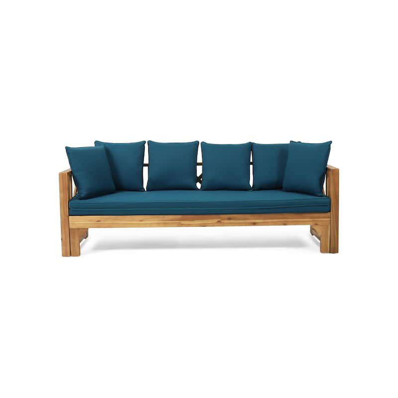 Outdoor 3-Seater Acacia Wood Sofa w/ Cushions, Extendable Patio Daybed