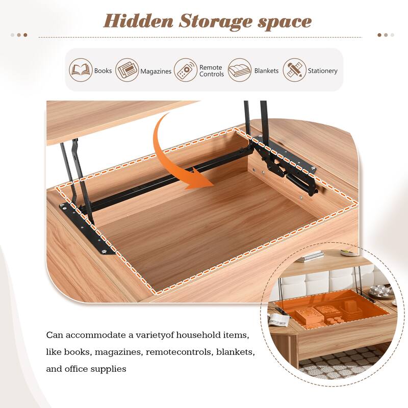 47.2''Lift Top Coffee Table with Hidden Compartment, Partially Assembled Wooden Center Table, Modern Oval Lift Tabletop