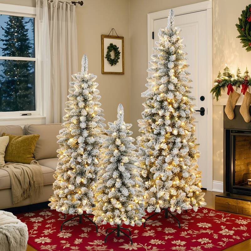 3 Pcs Flocked Artificial Christmas Tree Set, 4ft 5ft 6ft Christmas Snow Tree Set with Light