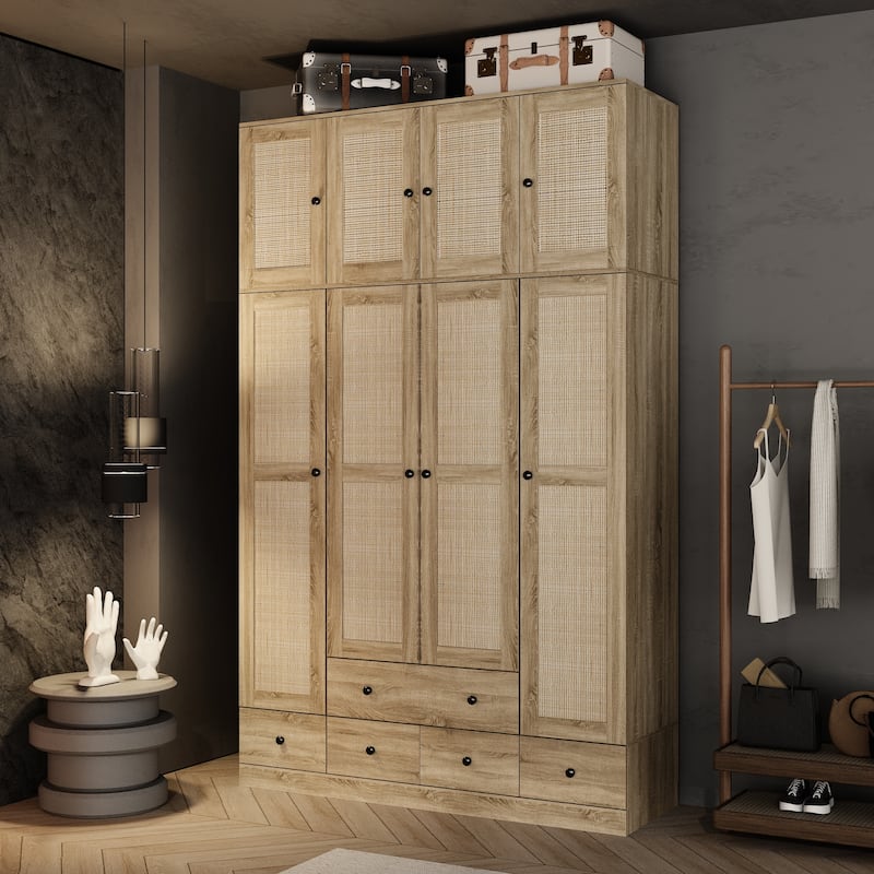 Natural Charm Wooden Armoire - Breathable Rattan Design Ample Storage