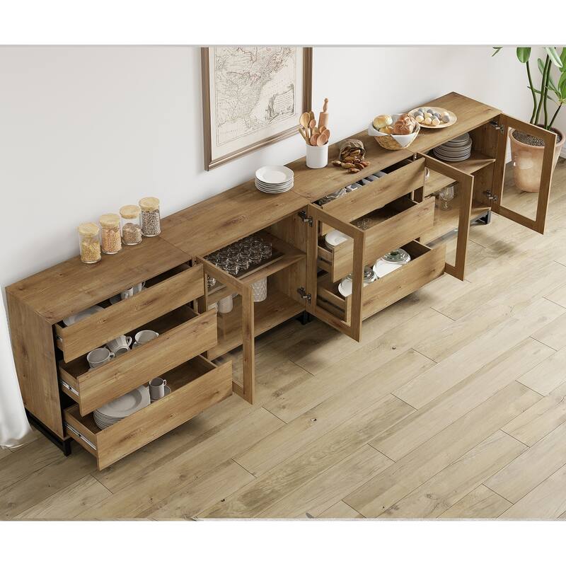 4 in 1 Modern Dresser with Glass Doors and 6 Drawers,Storage Cabinet with Adjustable Shelves, Chest of Drawers