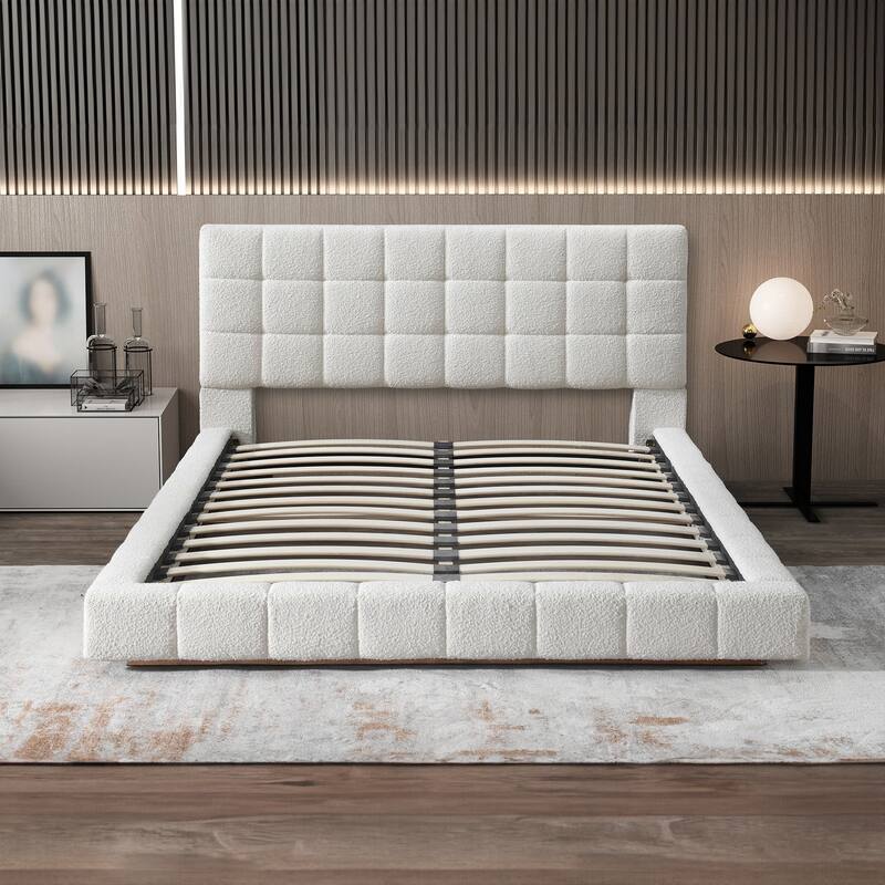 Ivory Boucle Queen Size Upholstered Platform Bed with Wooden Slat Support, No Box Spring Needed