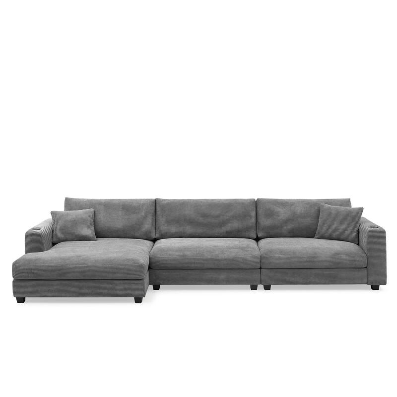 Spacious 4-Seater Corduroy Cloud Couch with Chaise, USB Charging Ports, and Cup Holders