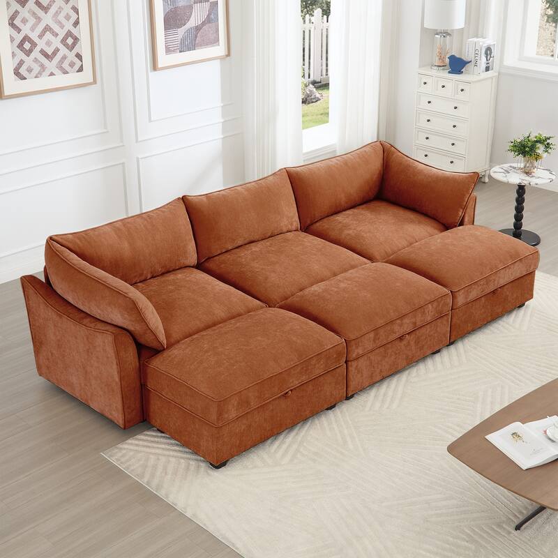 GDFStudio - Chenille 3-Seater 112.6" Modular Sofa with 3 Ottomans