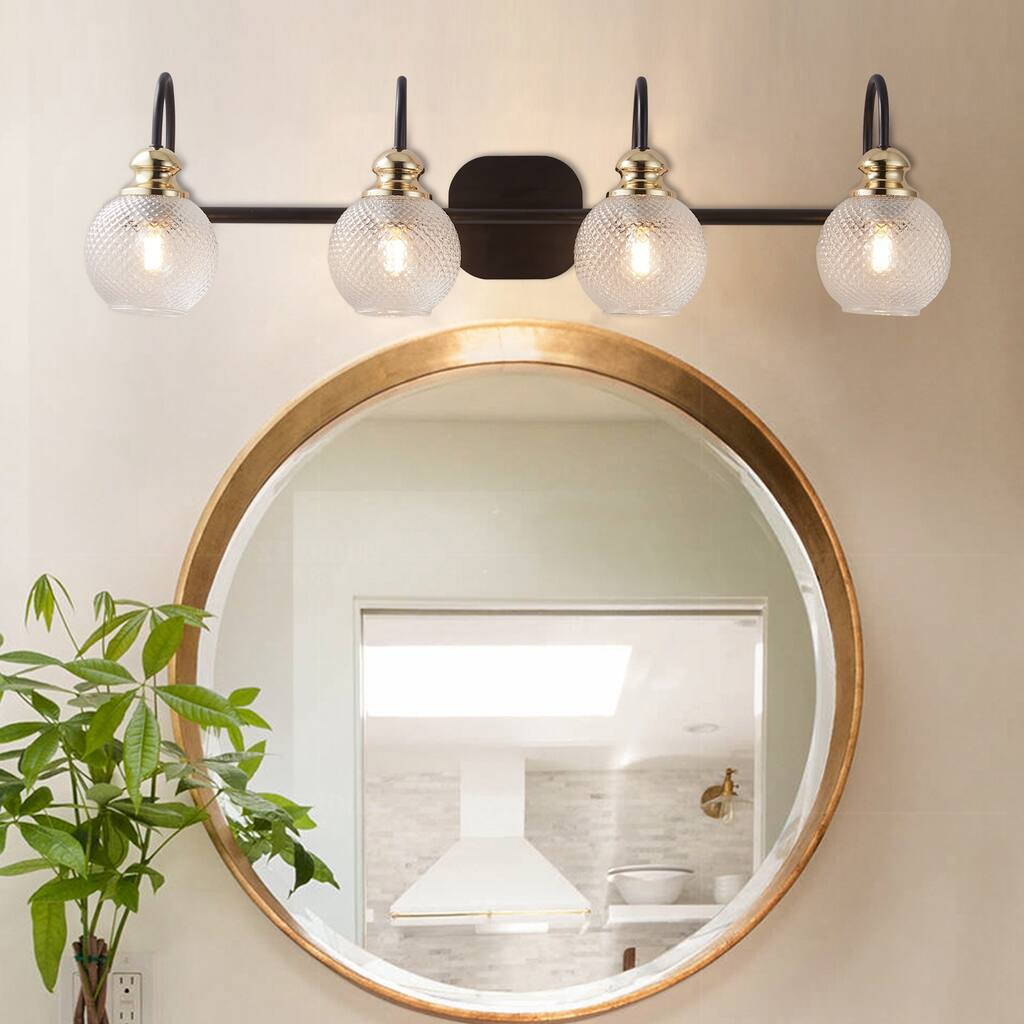 4 Lights Bathroom Vanity Light Fixtures Matte Black And Gold Wall Sconce Vanity Light Above Mirror With Clear Glass Shade