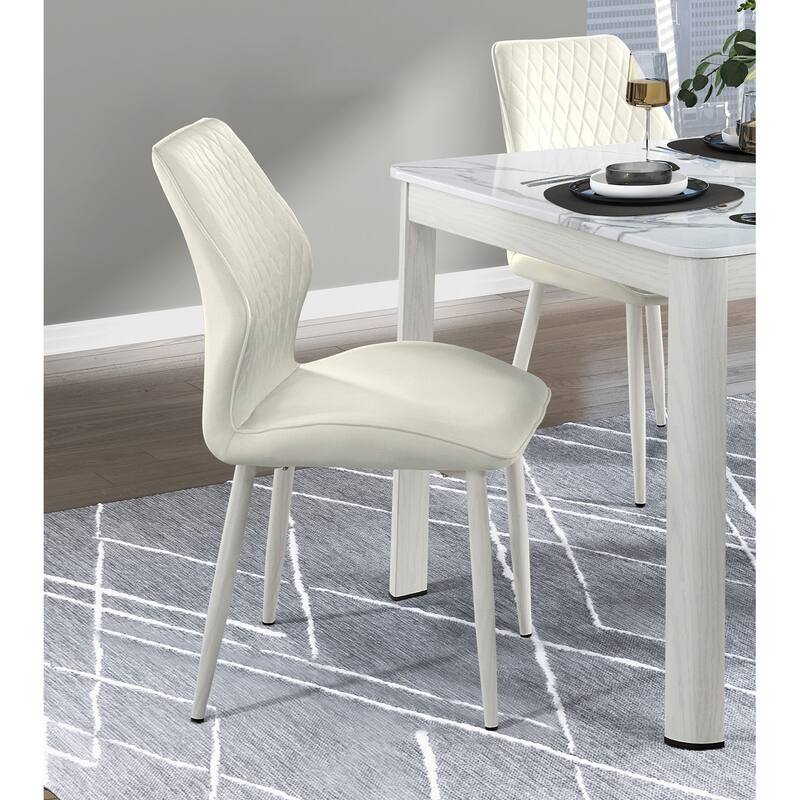 Beige Velvet Upholstered Dining Chair with White Metal Legs Set of 2