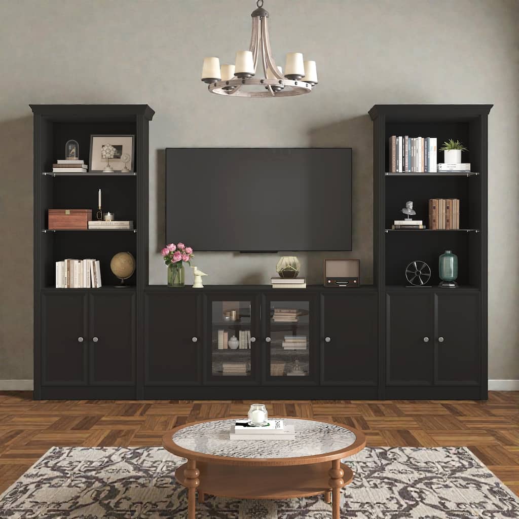 128.2 Inch Wall Unit Entertainment Center with Bookshelves, 3 Piece TV Stand for TVs up to 80 Inch with Glass Cabinets