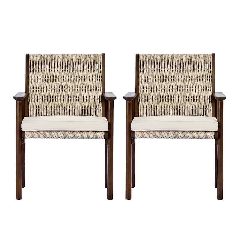 Christopher Knight Home - Outdoor Acacia Wood Dining Arm Chair with Wicker Back and Waterproof Cushions