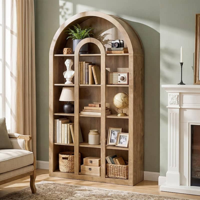 71-Inch Tall Arched Bookshelf with Open Shelves for Living Room, Office, Bedroom
