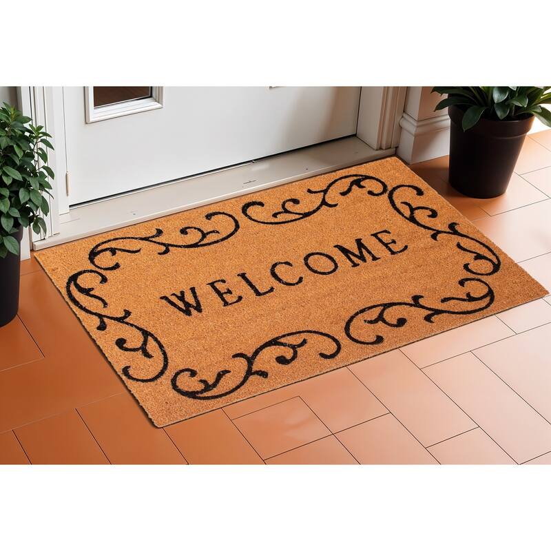 HomeRoots 17" X 29" Natural And Black Scrollwork Welcome Outdoor Coir Door Mat - 17' X '29 - 17' X '29