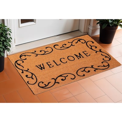 HomeRoots 17" X 29" Natural And Black Scrollwork Welcome Outdoor Coir Door Mat - 17' X '29