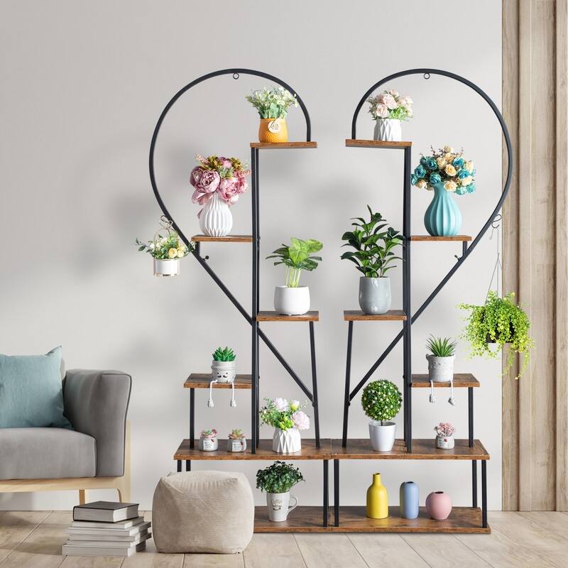 6 Layers Half Heart Iron Wood Plant Stand Flower Pot Stand