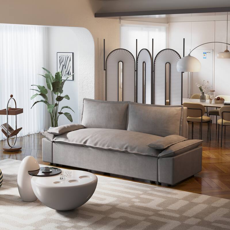 70.1" Queen Pull Out Sofa Bed, 3-in-1 Convertible Sleeper Sofa Couch with 2 Soft Pillows, Multi-Functional Velvet Loveseat Bed