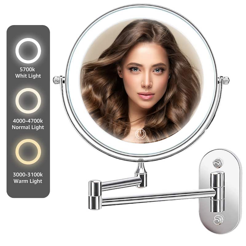 Yulika Rechargeable Lighted Wall Mounted Makeup Mirror with 3 Color Lights Double Sided 1X/10X or 1X/7X - Chrome-7X