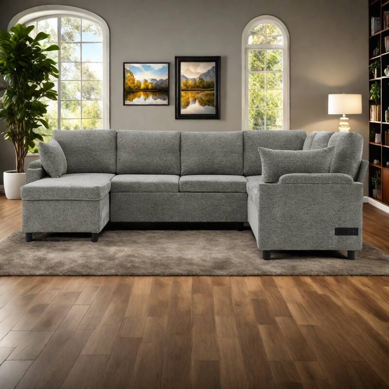 109.9" Chenille U-Shaped Sectional Sofa with Sofa Bed, Built-in Storage, Cup Holders and Charging Ports - LIGHT GREY