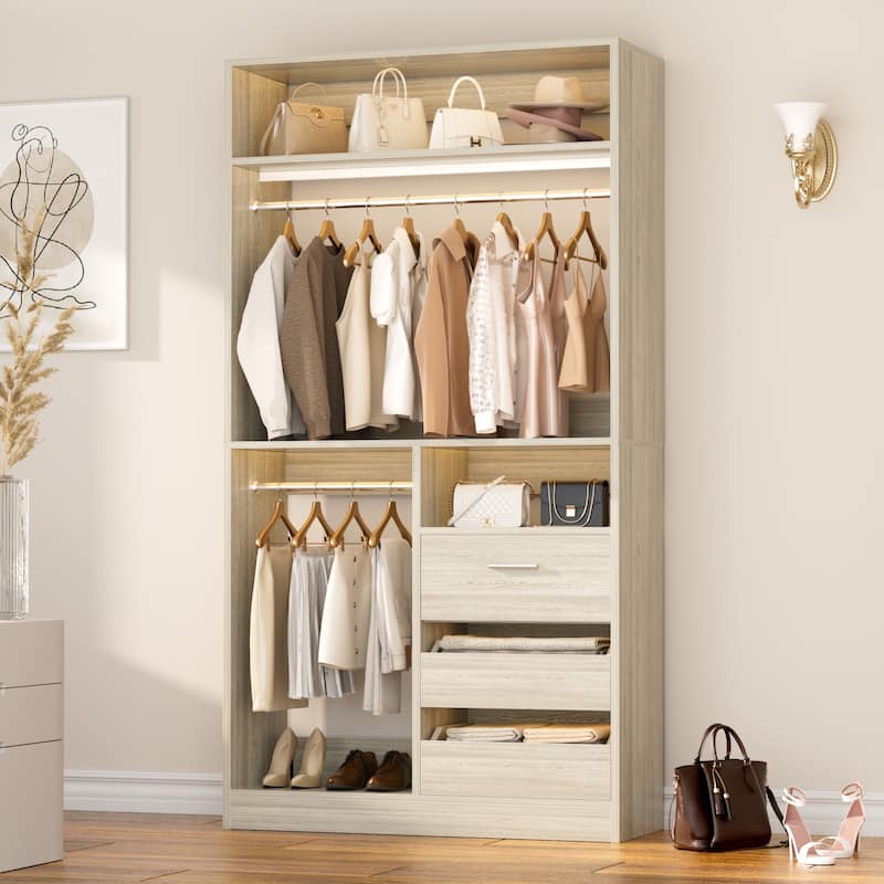 36'' W Freestanding Walk-in Closet Organizer System with 2 Hanging Rods and 3 Wood Drawers - White Oak