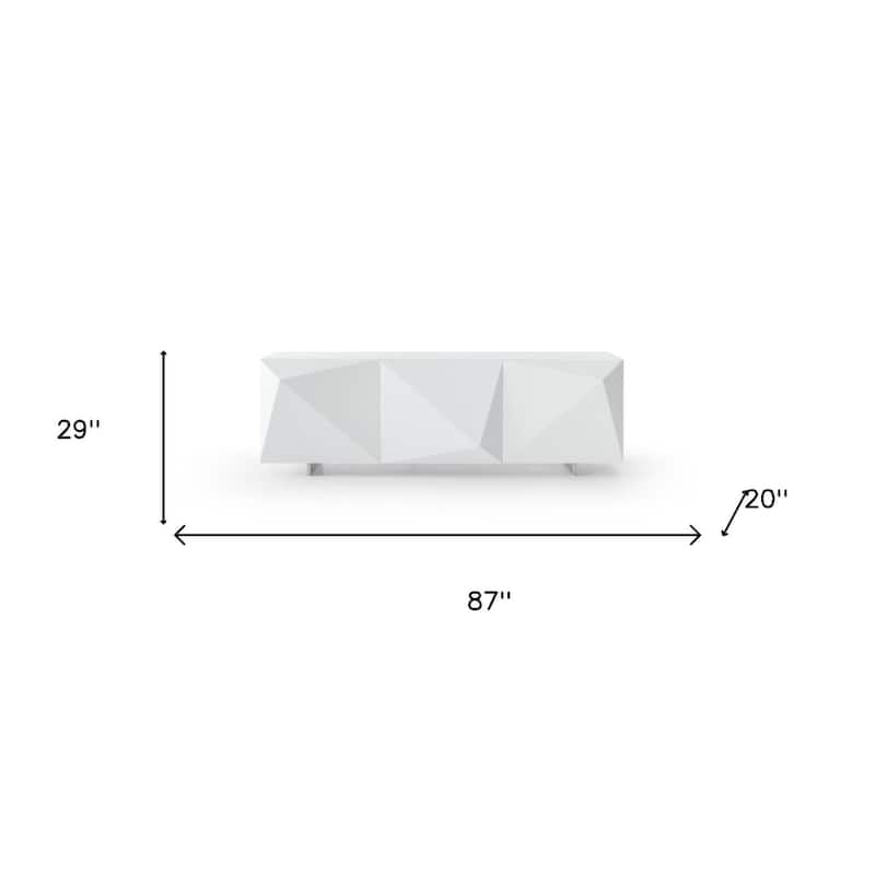HomeRoots 87" White Wood Carved Geometric Sideboard With Three Doors - 87.00 in. x 29.00 in. x 20.00 in.