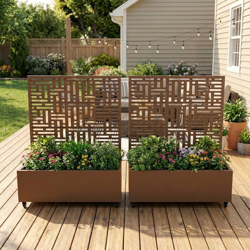 Metal Movable Planter Box with Trellis Privacy Screen Lockable Wheels