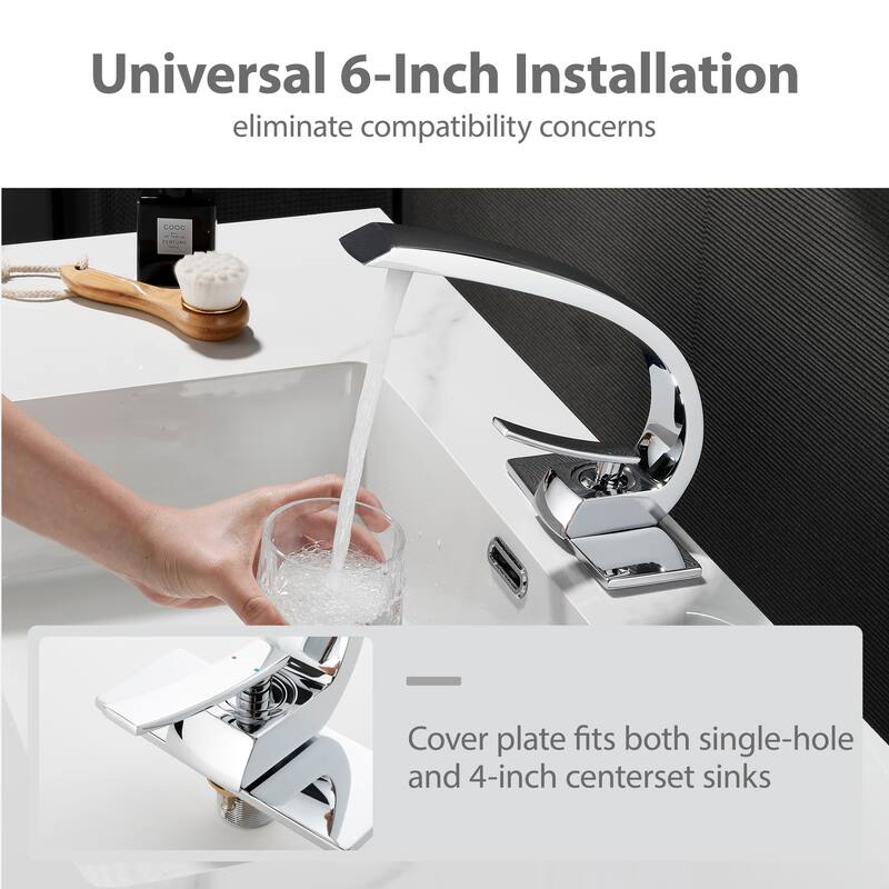 Modland C-Shaped Single Hole Bathroom Faucet, 500K Cycle CUPC Certified, 6-Inch Cover Plate, Black / Gold / Nickel / Chrome