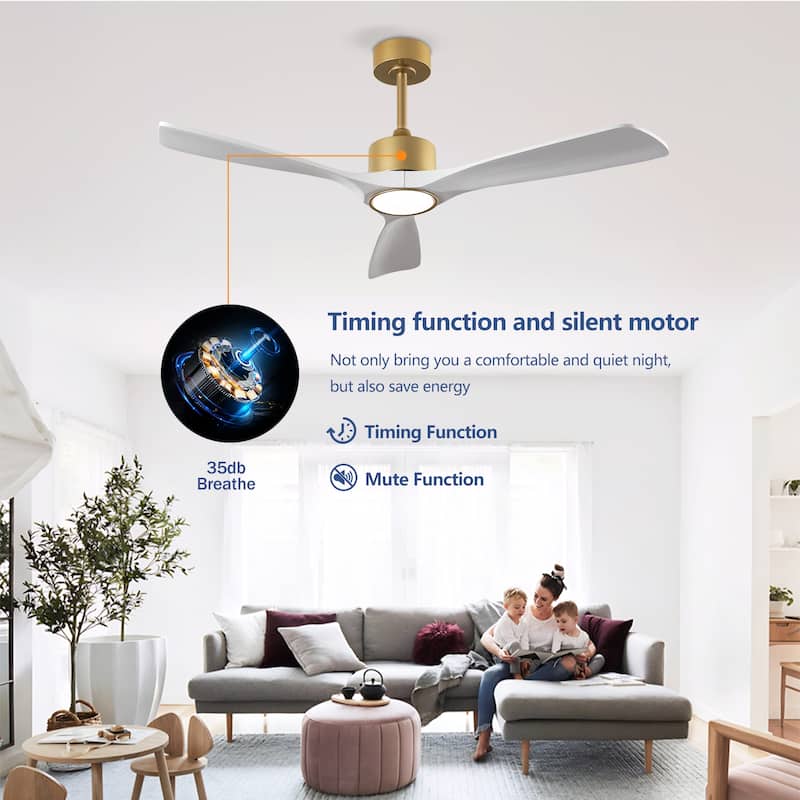 52 Inch 3 Rod Solid Wood Ceiling Fan With Light Kit Dimmable LED, DC 6 Speed ,Remote Control Ceiling Fan