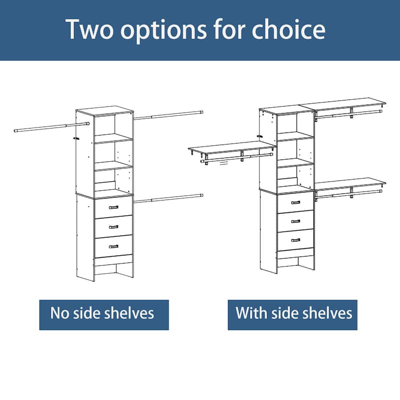 20.2'' - 96'' W Closet Organizer with Drawers, Closet System with Hanging Rods and Adjustable Shelves