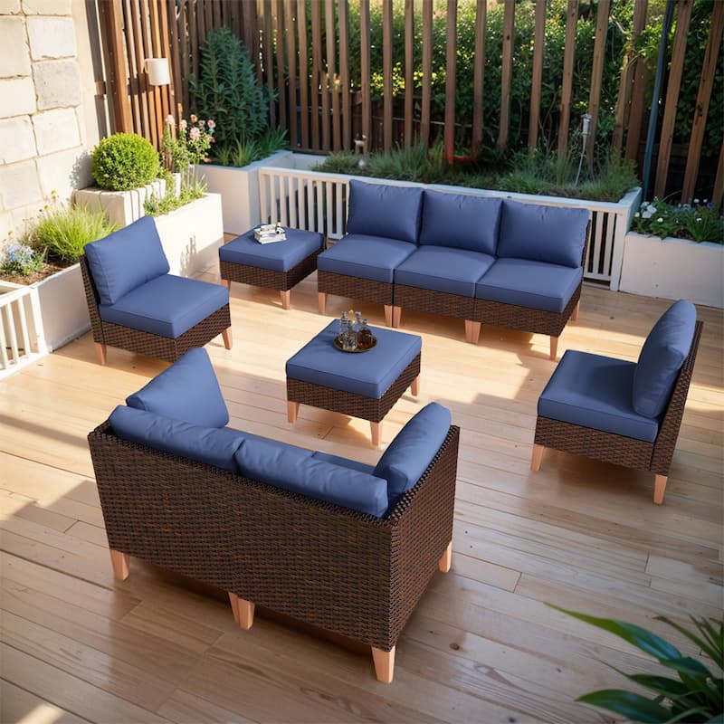 Gymojoy Outdoor Sectional Sofa PE Wicker Sofa,Ottoman - Brown - Blue