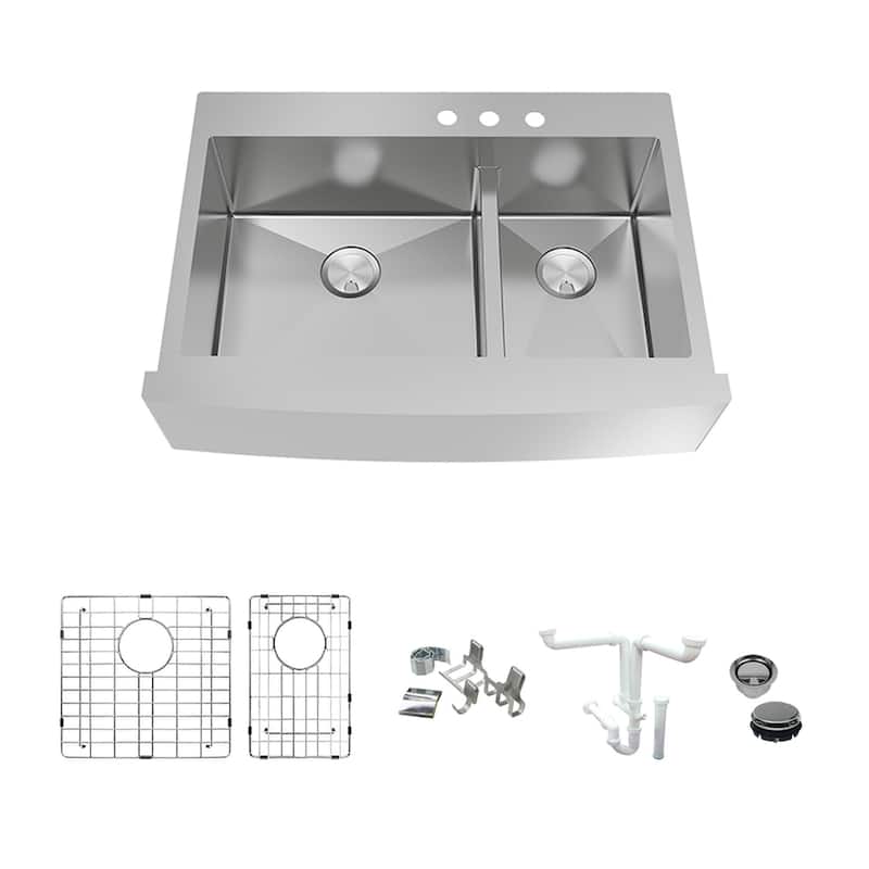 Diamond Sink Kit with Farmhouse Style 60/40 Double Bowls, Magnetic Accessory Kit and Drain Kit - 3 Faucet Holes