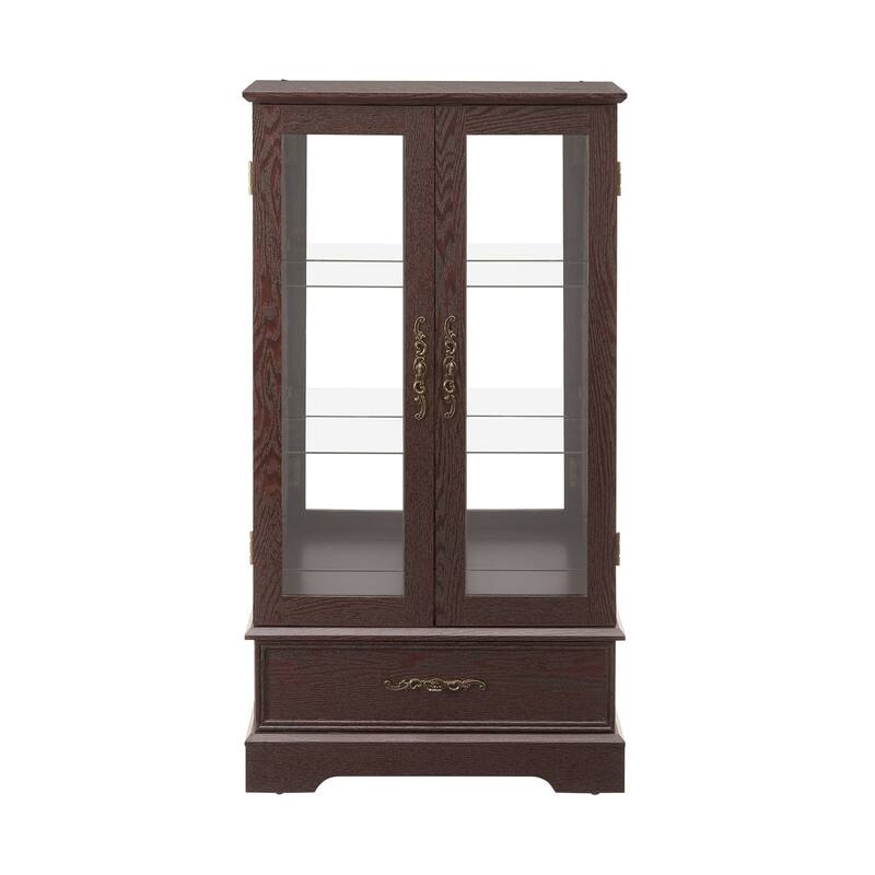 Lighted Glass Display Curio Cabinet with Door, 3 Shelves, Bulb, Drawer