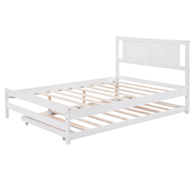 Full Bed with Adjustable Trundle, Solid Wood Platform Bed for Small Spaces