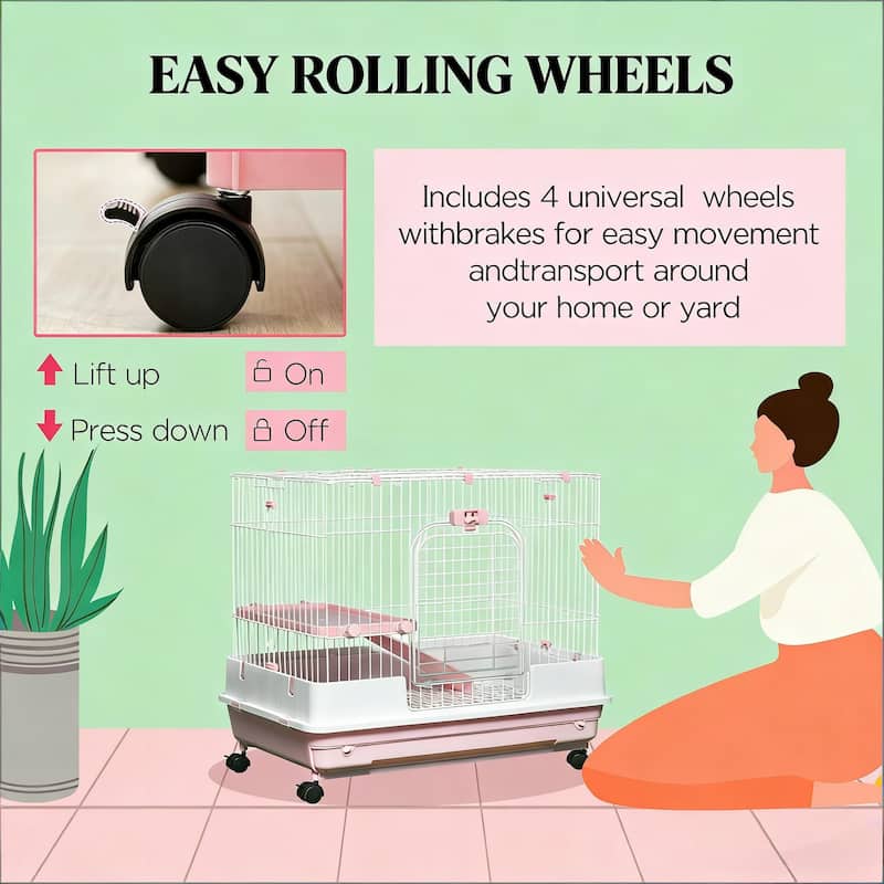 Pet House with Wheels,Small Animal Cage Rabbit Hutch is designed for convenient cleaning - Pink