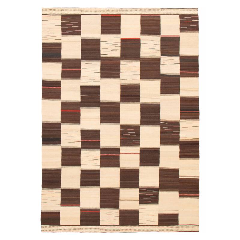 ECARPETGALLERY Flat-Weave Boho Cream, Brown Wool Kilim - 7'3 x 10'4 - Cream/ Dark Brown - 7'3 x 10'4