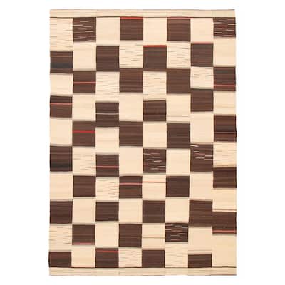 ECARPETGALLERY Flat-Weave Boho Cream, Brown Wool Kilim - 7'3 x 10'4