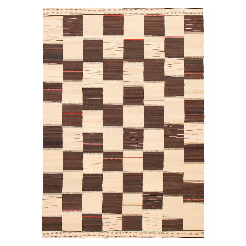 ECARPETGALLERY Flat-Weave Boho Cream, Brown Wool Kilim - 7'3 x 10'4