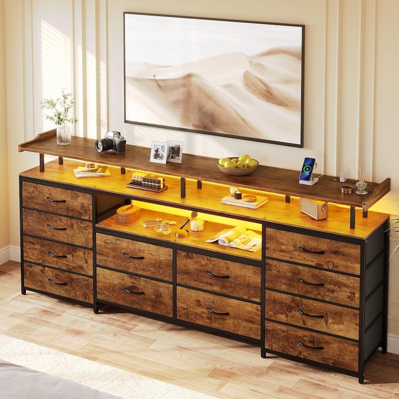 TV Stand with LED Lights Power Outlets Dresser Fabric Drawers Entertainment Center