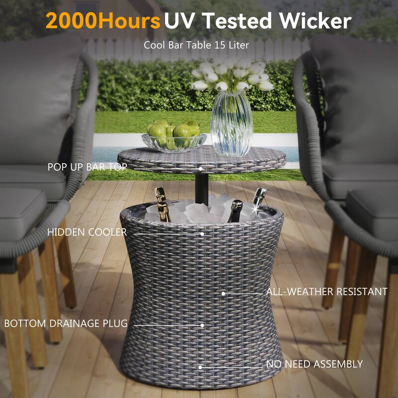 5 Pcs Outdoor Patio Furniture Set, All-Weather Patio Conversation Set with Wicker Cool Bar Table, Single Chairs and Ottomans
