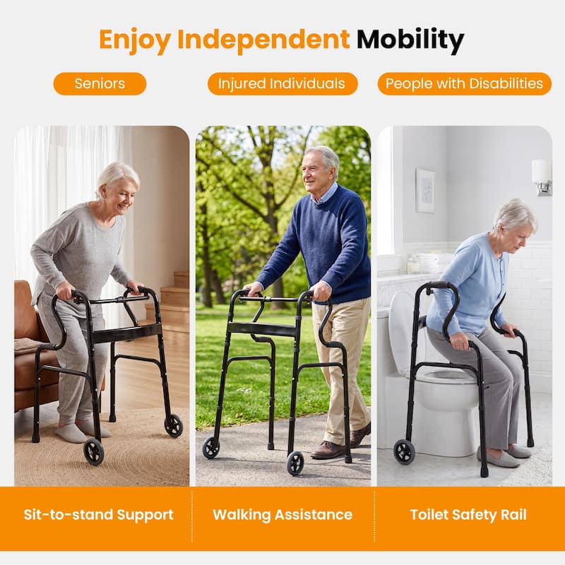 Gymax Heavy-Duty Folding Walker w/Unidirectional Wheels & Armrests
