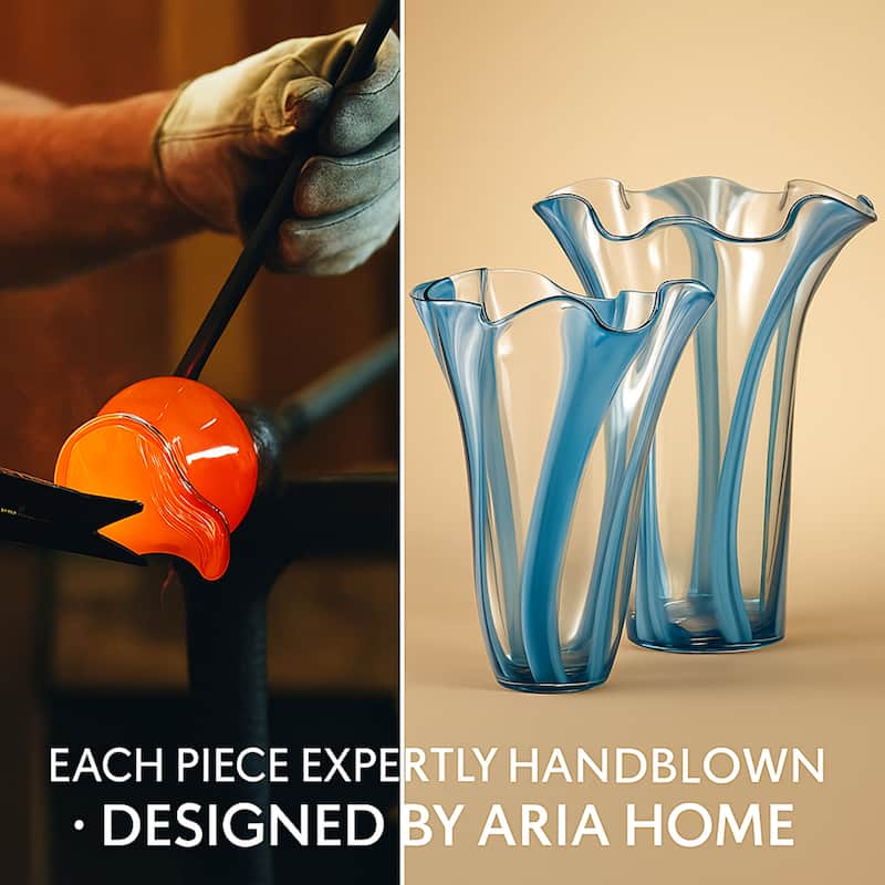 Blue Striped Handblown Glass Set of Two Scalloped Edge Vases