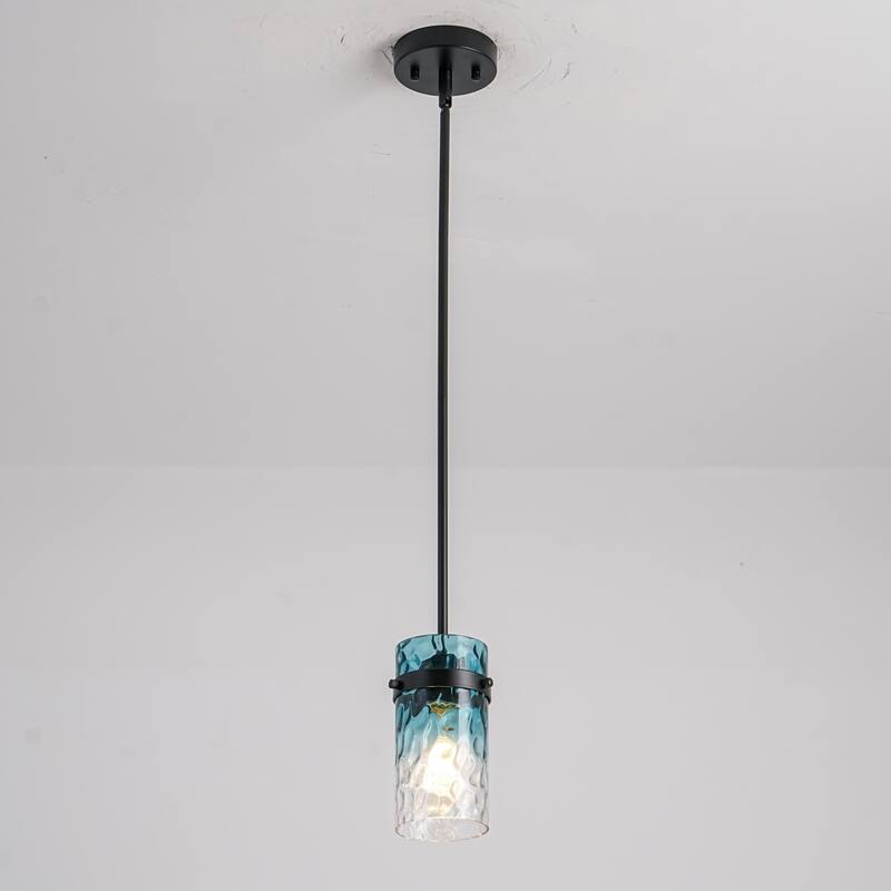 1/3-Light Coastal Matte Black Adjustable Pendant Light with Gradient Blue Hammered Cylinder Glass for Kitchen Island