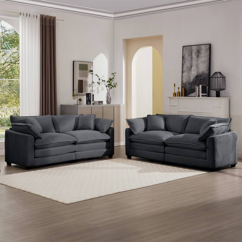 2+2 Seat Corduroy Fabric Flexible Combinations Sofas Set with Removable Armrests and Throw Pillows